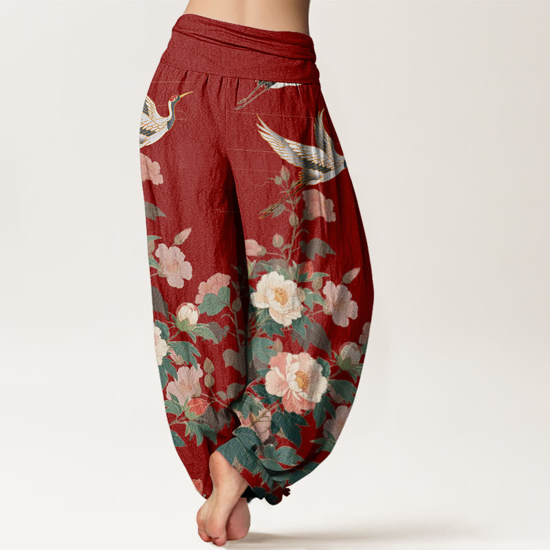 Buddha Stones Casual Crane Peony Pattern Women's Elastic Waist Harem Pants - image 9