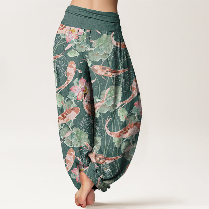 Buddha Stones Casual Koi Fish Lotus Pattern Women's Elastic Waist Harem Pants - image 2