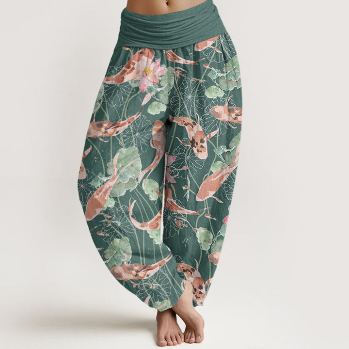 Buddha Stones Casual Koi Fish Lotus Pattern Women's Elastic Waist Harem Pants - CadetBlue - US22，UK/AU26，EU54 (6XL) - image 0