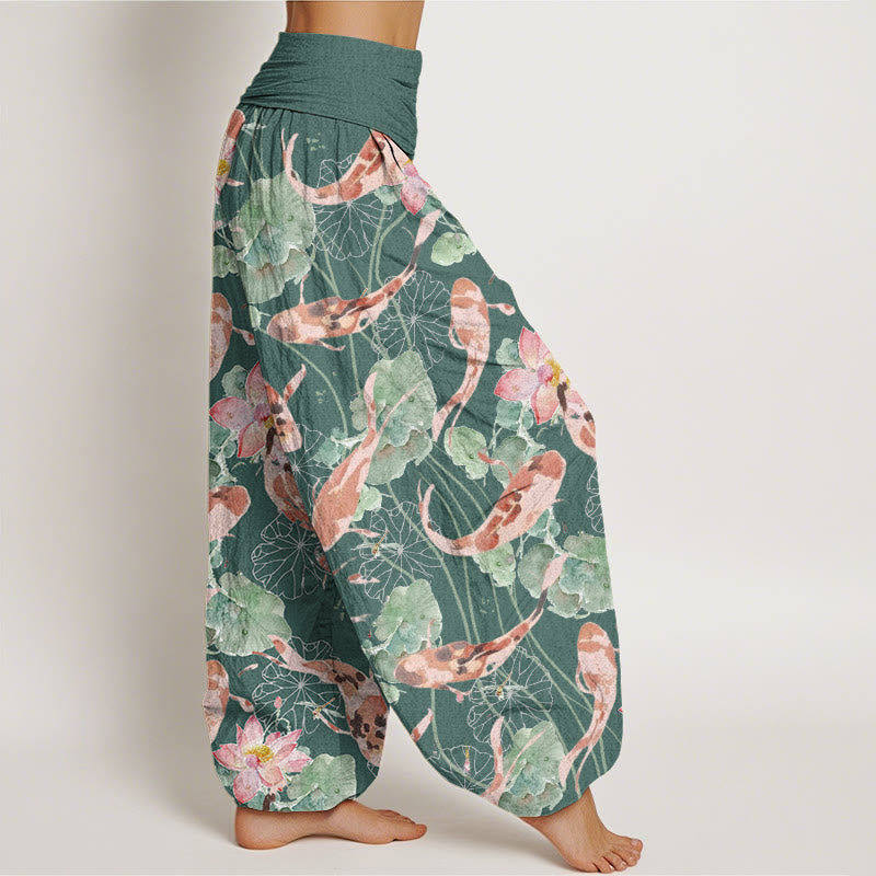 Buddha Stones Casual Koi Fish Lotus Pattern Women's Elastic Waist Harem Pants - image 1