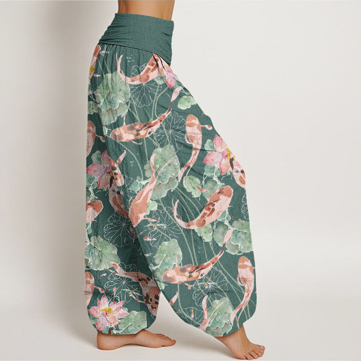 Buddha Stones Casual Koi Fish Lotus Pattern Women's Elastic Waist Harem Pants - image 1