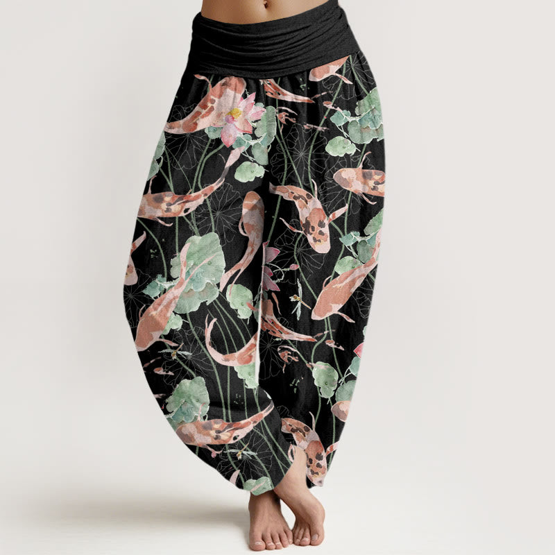 Buddha Stones Casual Koi Fish Lotus Pattern Women's Elastic Waist Harem Pants - Black - US22，UK/AU26，EU54 (6XL) - image 4
