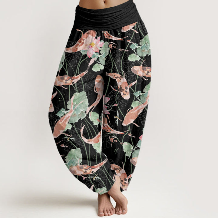 Buddha Stones Casual Koi Fish Lotus Pattern Women's Elastic Waist Harem Pants - Black - US22，UK/AU26，EU54 (6XL) - image 4