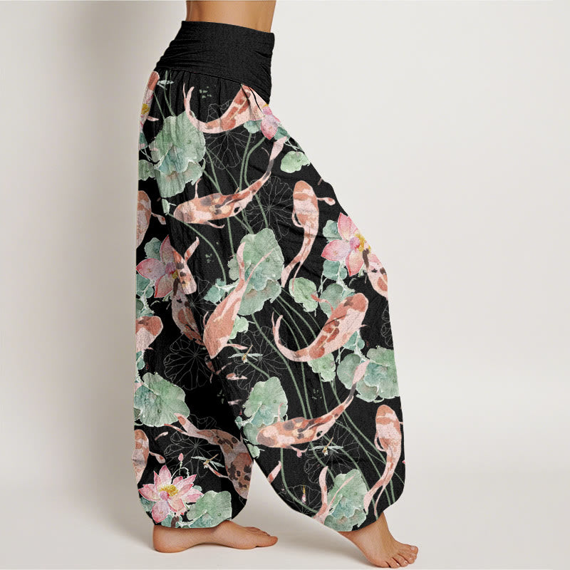 Buddha Stones Casual Koi Fish Lotus Pattern Women's Elastic Waist Harem Pants - image 5
