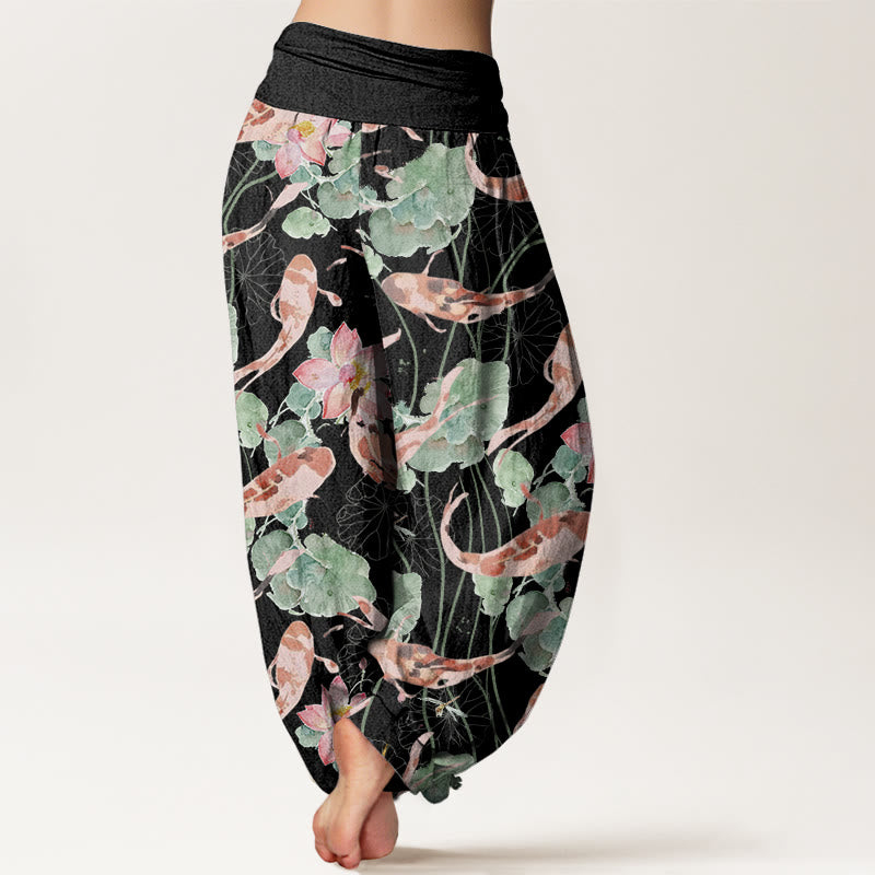 Buddha Stones Casual Koi Fish Lotus Pattern Women's Elastic Waist Harem Pants - image 6