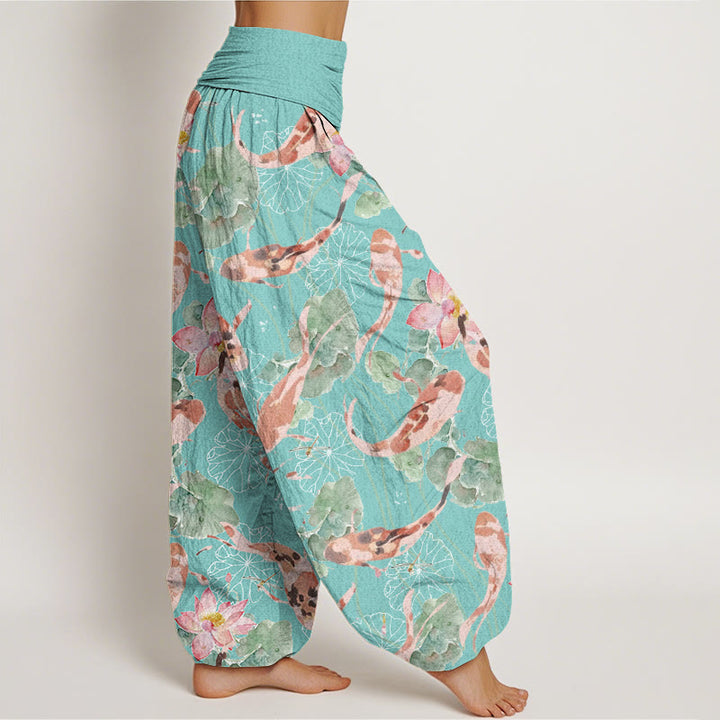 Buddha Stones Casual Koi Fish Lotus Pattern Women's Elastic Waist Harem Pants - image 8