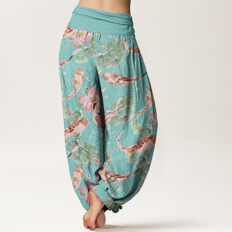 Buddha Stones Casual Koi Fish Lotus Pattern Women's Elastic Waist Harem Pants - image 9