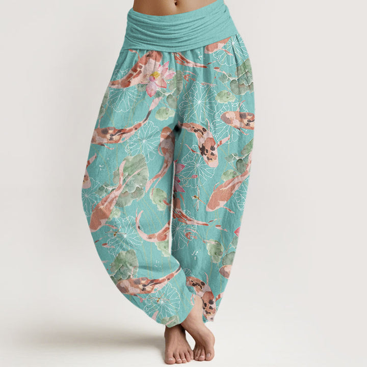 Buddha Stones Casual Koi Fish Lotus Pattern Women's Elastic Waist Harem Pants - MediumTurquoise - US22，UK/AU26，EU54 (6XL) - image 7