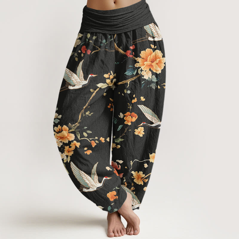 Buddha Stones Casual Crane Flower Branch Pattern Women's Elastic Waist Harem Pants - Black - US22，UK/AU26，EU54 (6XL) - image 0