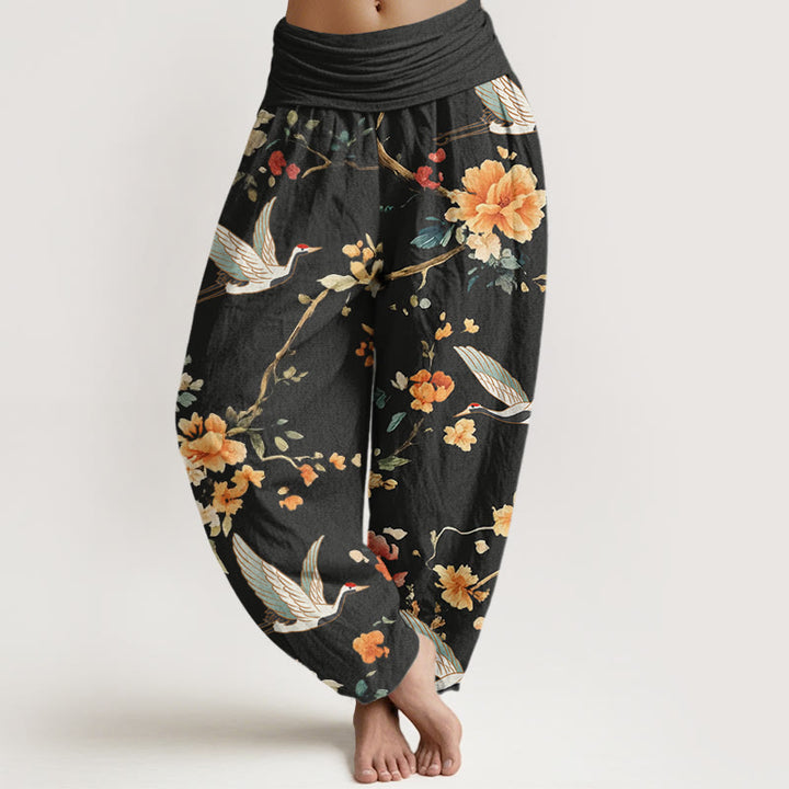 Buddha Stones Casual Crane Flower Branch Pattern Women's Elastic Waist Harem Pants - Black - US22，UK/AU26，EU54 (6XL) - image 0