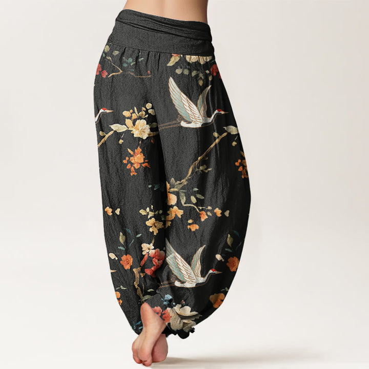 Buddha Stones Casual Crane Flower Branch Pattern Women's Elastic Waist Harem Pants - image 2