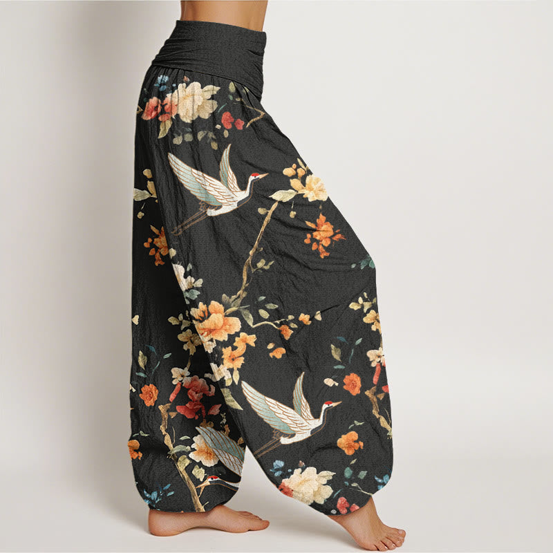 Buddha Stones Casual Crane Flower Branch Pattern Women's Elastic Waist Harem Pants - image 1