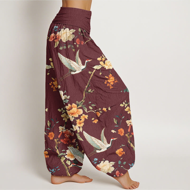 Buddha Stones Casual Crane Flower Branch Pattern Women's Elastic Waist Harem Pants - image 5