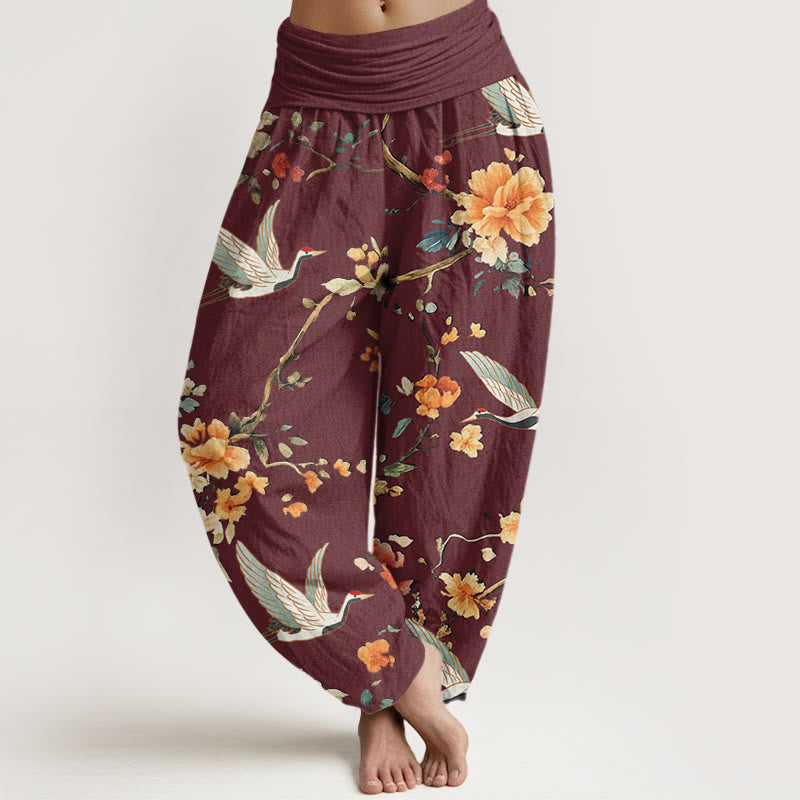 Buddha Stones Casual Crane Flower Branch Pattern Women's Elastic Waist Harem Pants - DarkRed - US22，UK/AU26，EU54 (6XL) - image 4