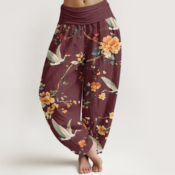 Buddha Stones Casual Crane Flower Branch Pattern Women's Elastic Waist Harem Pants - DarkRed - US22，UK/AU26，EU54 (6XL) - image 4