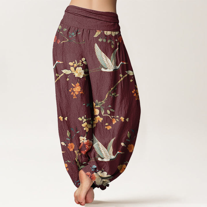 Buddha Stones Casual Crane Flower Branch Pattern Women's Elastic Waist Harem Pants - image 6