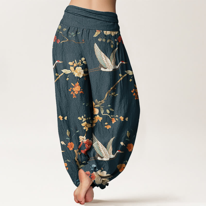 Buddha Stones Casual Crane Flower Branch Pattern Women's Elastic Waist Harem Pants - image 9
