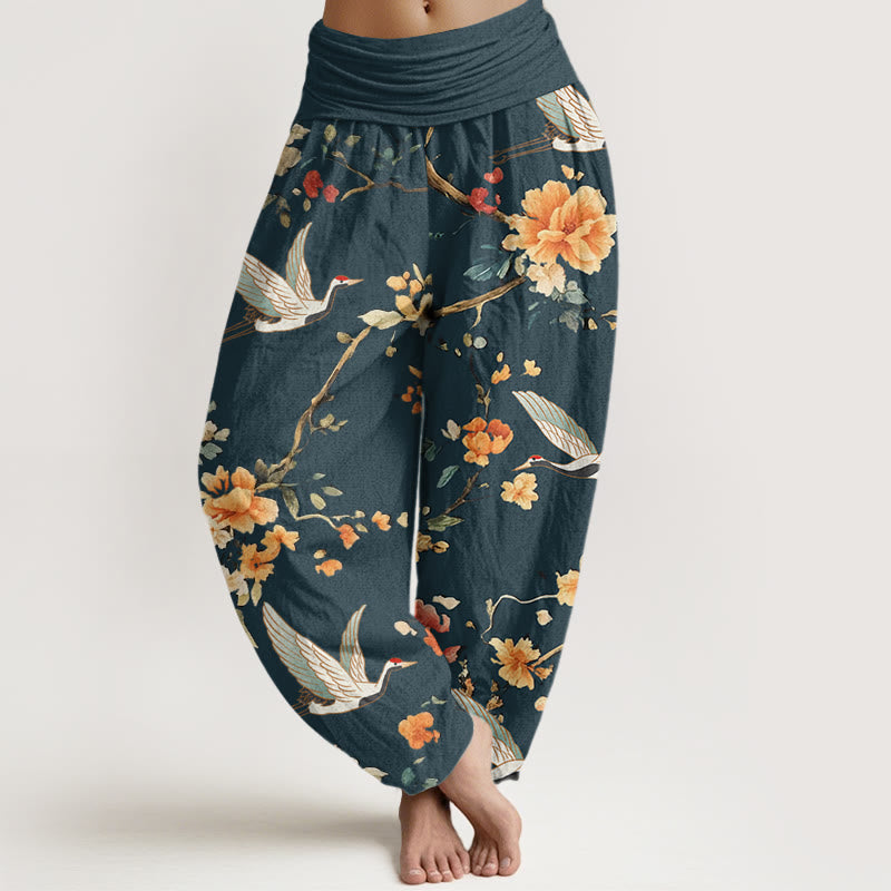Buddha Stones Casual Crane Flower Branch Pattern Women's Elastic Waist Harem Pants - Teal - US22，UK/AU26，EU54 (6XL) - image 7