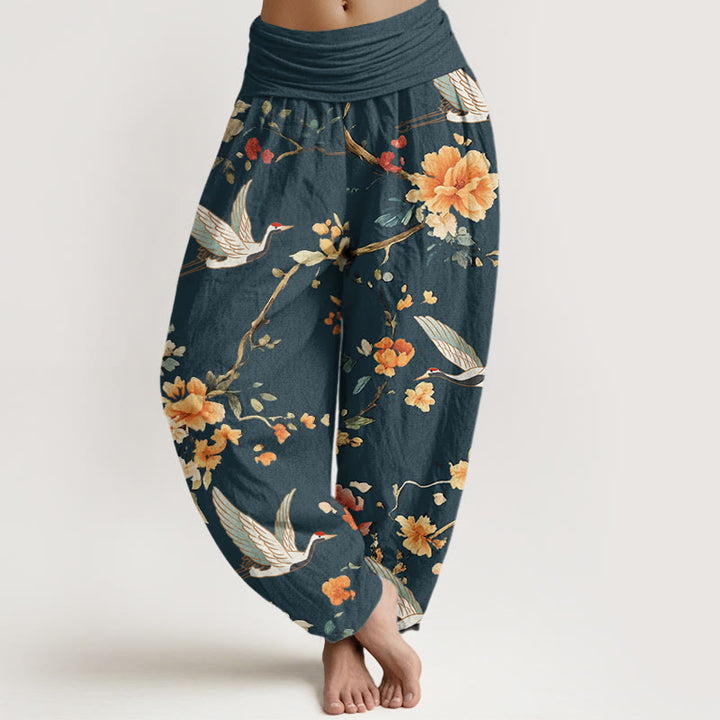 Buddha Stones Casual Crane Flower Branch Pattern Women's Elastic Waist Harem Pants - Teal - US22，UK/AU26，EU54 (6XL) - image 7