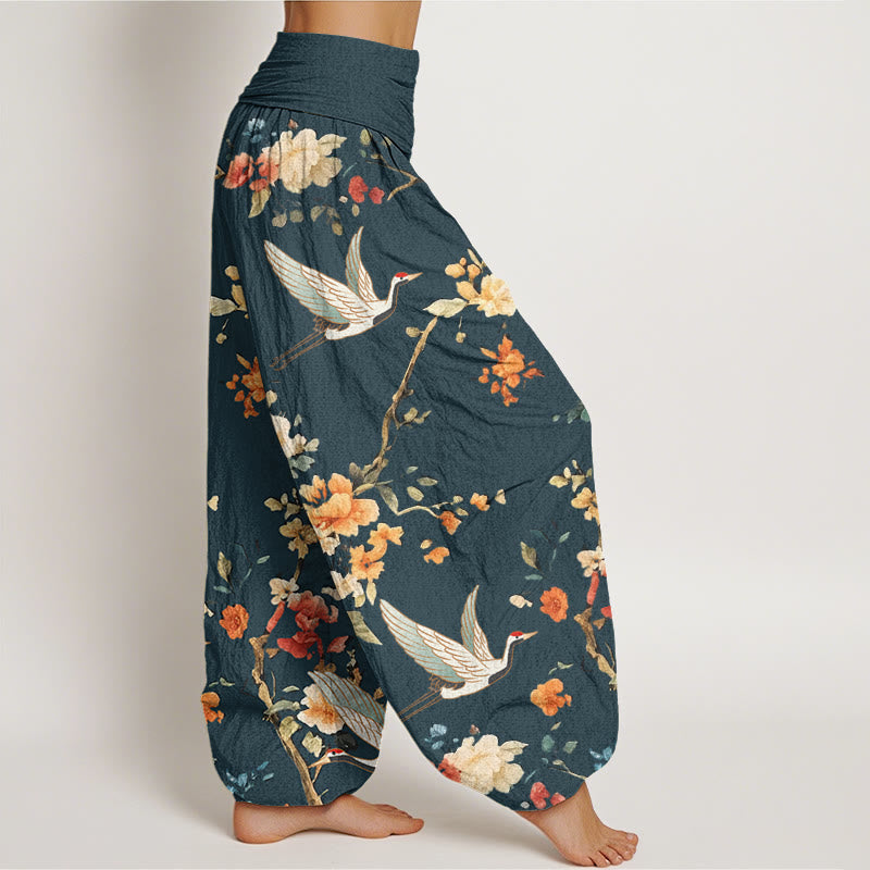 Buddha Stones Casual Crane Flower Branch Pattern Women's Elastic Waist Harem Pants - image 8