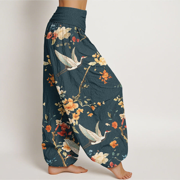Buddha Stones Casual Crane Flower Branch Pattern Women's Elastic Waist Harem Pants - image 8
