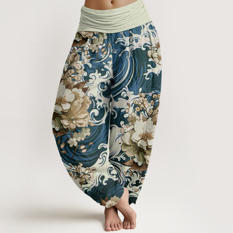Buddha Stones Casual Wave And Floral Pattern Women's Elastic Waist Harem Pants - SteelBlue - US22，UK/AU26，EU54 (6XL) - image 4