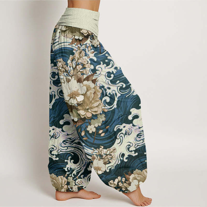Buddha Stones Cotton Casual Wave And Floral Pattern Women's Elastic Waist Harem Pants - image 5