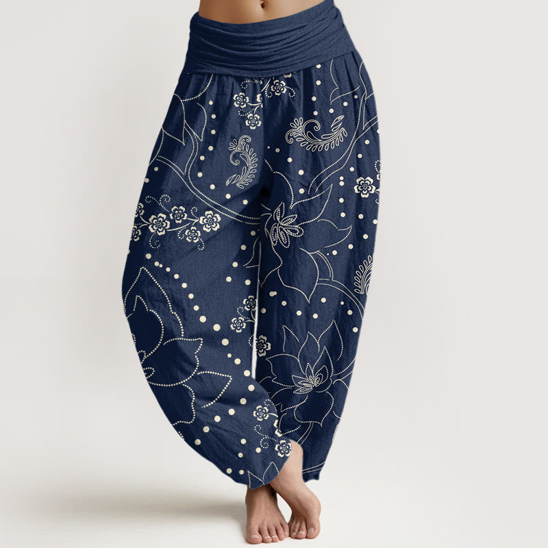Buddha Stones Casual Large Flower Leave Pattern Women's Elastic Waist Harem Pants - Navy - US22，UK/AU26，EU54 (6XL) - image 0