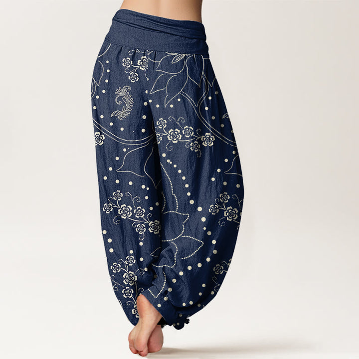 Buddha Stones Casual Large Flower Leave Pattern Women's Elastic Waist Harem Pants - image 2