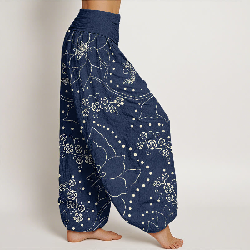 Buddha Stones Casual Large Flower Leave Pattern Women's Elastic Waist Harem Pants - image 1