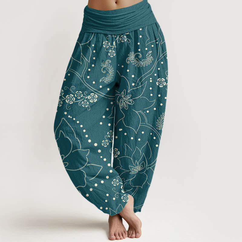 Buddha Stones Casual Large Flower Leave Pattern Women's Elastic Waist Harem Pants - Teal - US22，UK/AU26，EU54 (6XL) - image 4