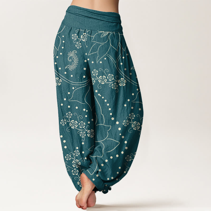 Buddha Stones Casual Large Flower Leave Pattern Women's Elastic Waist Harem Pants - image 6