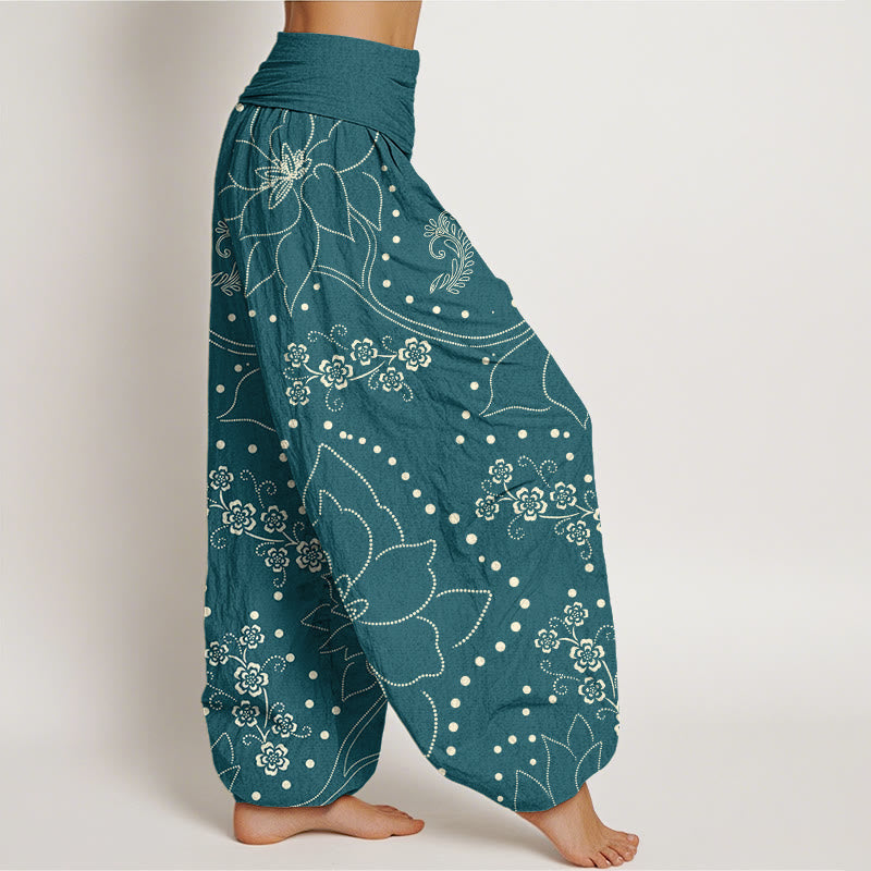 Buddha Stones Casual Large Flower Leave Pattern Women's Elastic Waist Harem Pants - image 5