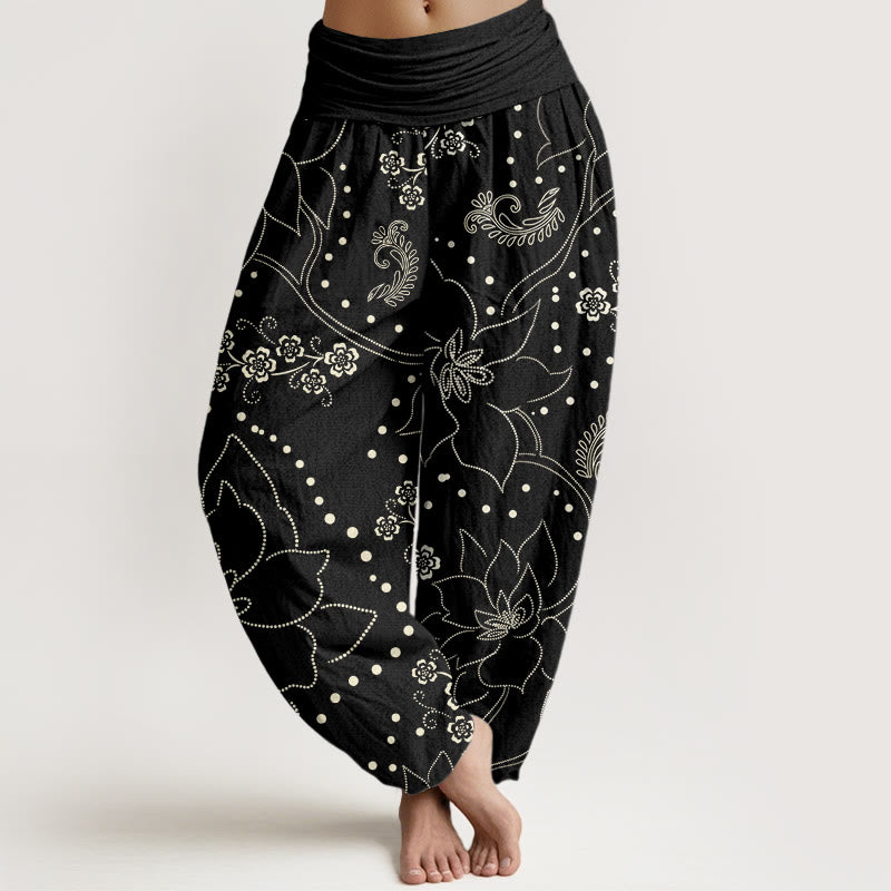 Buddha Stones Casual Large Flower Leave Pattern Women's Elastic Waist Harem Pants - Black - US22，UK/AU26，EU54 (6XL) - image 7