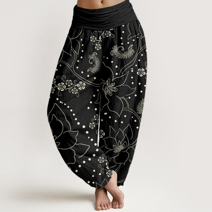 Buddha Stones Casual Large Flower Leave Pattern Women's Elastic Waist Harem Pants - Black - US22，UK/AU26，EU54 (6XL) - image 7