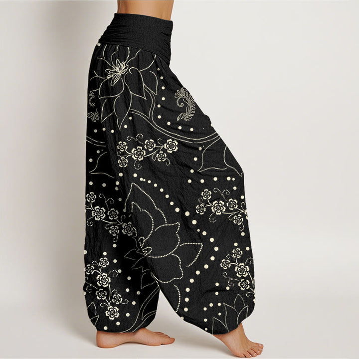 Buddha Stones Casual Large Flower Leave Pattern Women's Elastic Waist Harem Pants - image 8