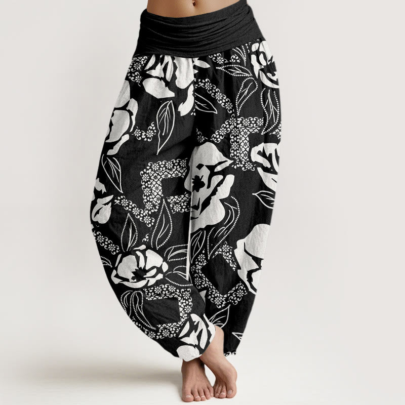 Buddha Stones Casual Simple Floral Leaf Pattern Women's Elastic Waist Harem Pants - Black - US22，UK/AU26，EU54 (6XL) - image 0