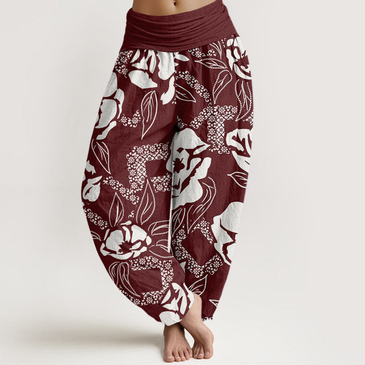 Buddha Stones Casual Simple Floral Leaf Pattern Women's Elastic Waist Harem Pants - Maroon - US22，UK/AU26，EU54 (6XL) - image 4