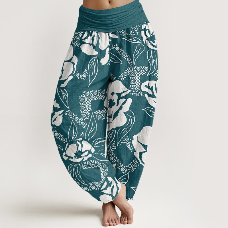 Buddha Stones Casual Simple Floral Leaf Pattern Women's Elastic Waist Harem Pants - Teal - US22，UK/AU26，EU54 (6XL) - image 7