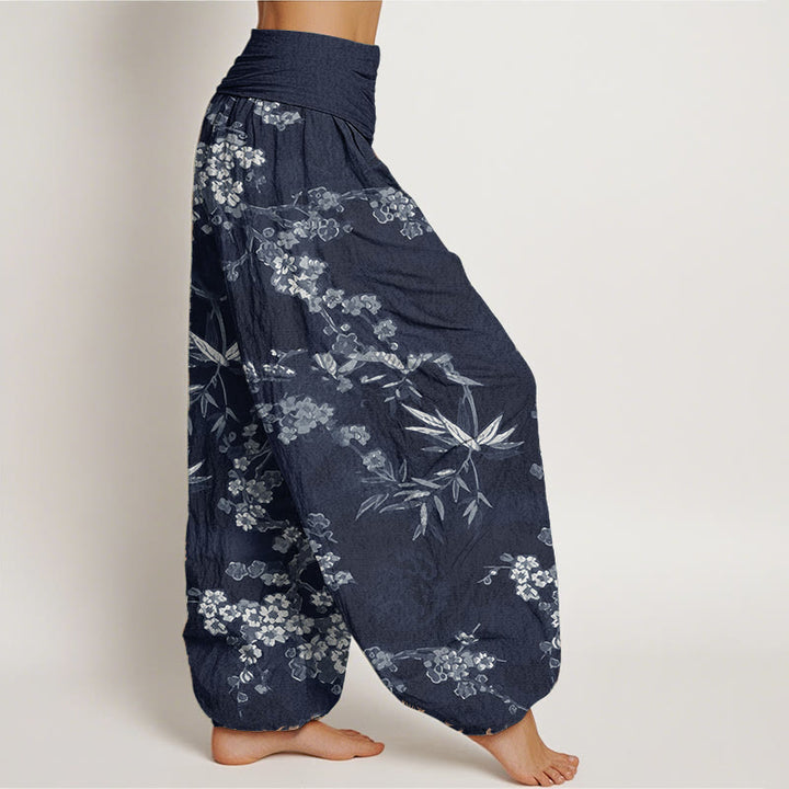 Buddha Stones Pure Cotton White Sakura Flower Pattern Women's Elastic Waist Harem Pants - image 1
