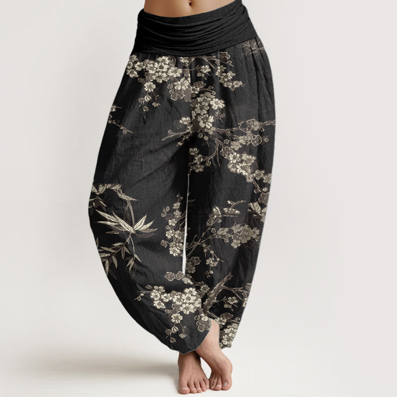 Buddha Stones Pure Cotton White Sakura Flower Pattern Women's Elastic Waist Harem Pants - Black - US22，UK/AU26，EU54 (6XL) - image 9