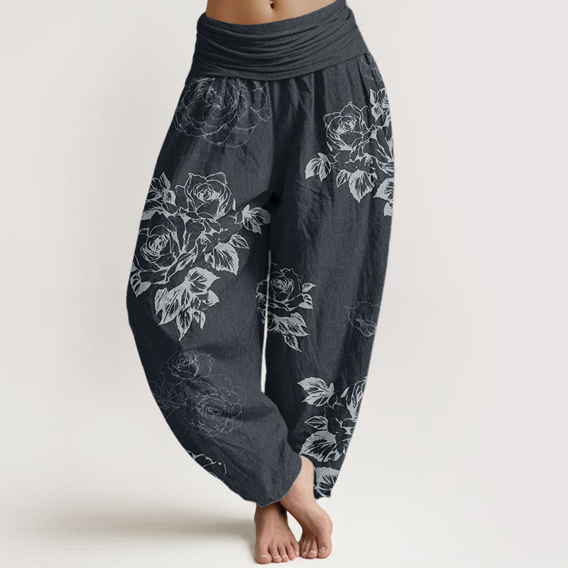 Buddha Stones Pure Cotton Casual Rose Peony Flowers Women's Elastic Waist Harem Pants - SteelBlue - US22，UK/AU26，EU54 (6XL) - image 0