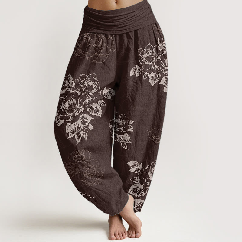 Buddha Stones Pure Cotton Casual Rose Peony Flowers Women's Elastic Waist Harem Pants - SaddleBrown - US22，UK/AU26，EU54 (6XL) - image 5