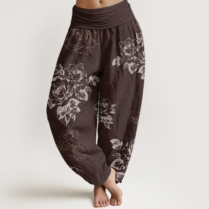 Buddha Stones Pure Cotton Casual Rose Peony Flowers Women's Elastic Waist Harem Pants - SaddleBrown - US22，UK/AU26，EU54 (6XL) - image 5