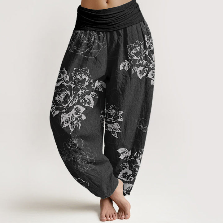 Buddha Stones Pure Cotton Casual Rose Peony Flowers Women's Elastic Waist Harem Pants - Black - US22，UK/AU26，EU54 (6XL) - image 8