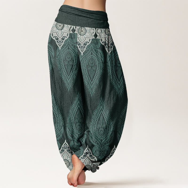 Buddha Stones Pure Cotton Casual Feather Flower Design Women's Elastic Waist Harem Pants - image 7