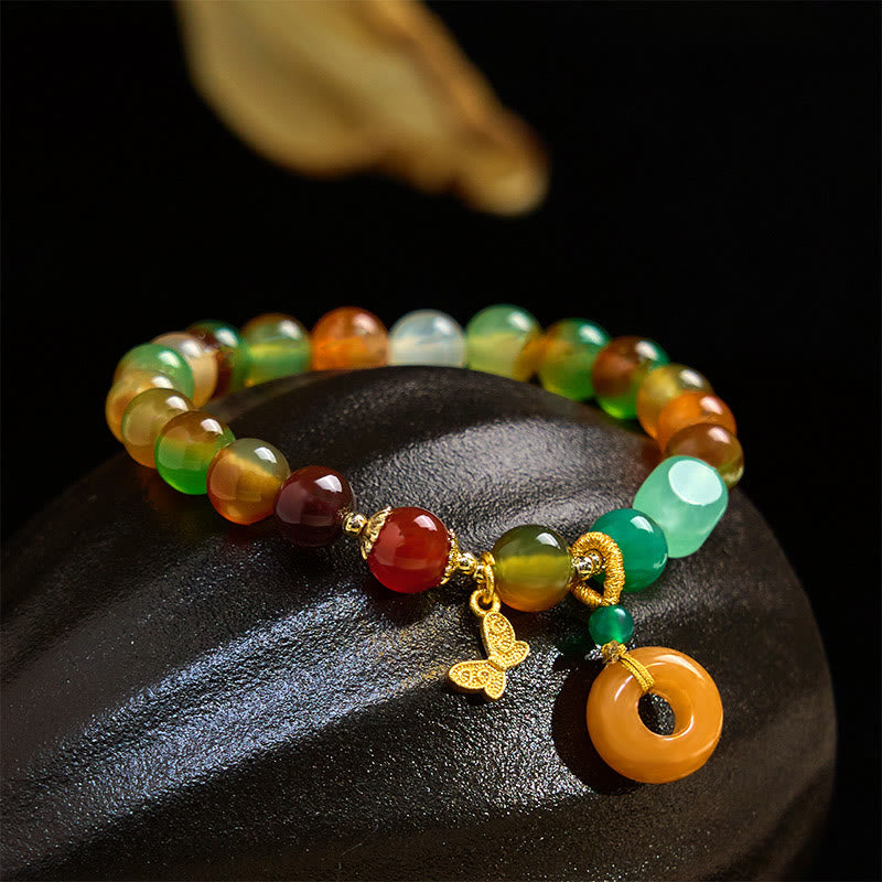 Buddha Stones Natural Colorful Peacock Agate Butterfly Peace Buckle Lily Of The Valley Support Bracelet - Peacock Agate Butterfly(Wrist Circumference 14-16cm) - image 0