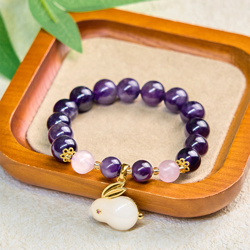 Buddha Stones Natural Amethyst Rabbit Beads Inner Peace Bracelet - image 4