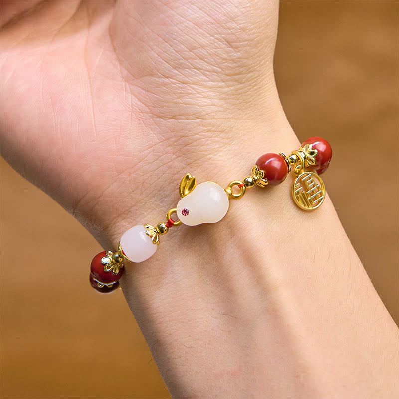 Buddha Stones Cinnabar Cute Rabbit Bunny Fu Character Charm Blessing Bracelet - image 3