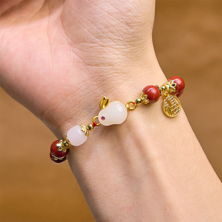 Buddha Stones Cinnabar Cute Rabbit Bunny Fu Character Charm Blessing Bracelet - image 3